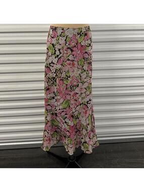 Y2k vintage irreversible Pink and green floral maxi skirt with ruffle hem